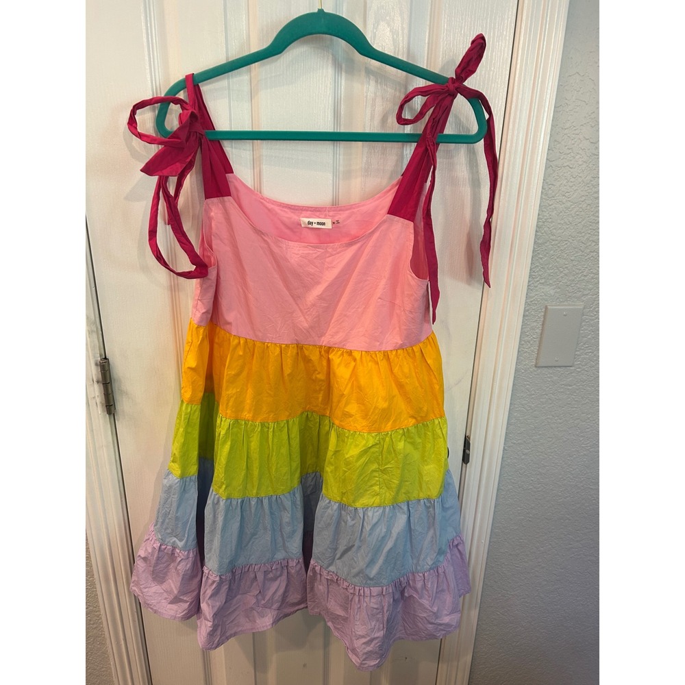 Day + Moon Tiered Mini Dress Rainbow Colorblock Tie Strap Babydoll A1612